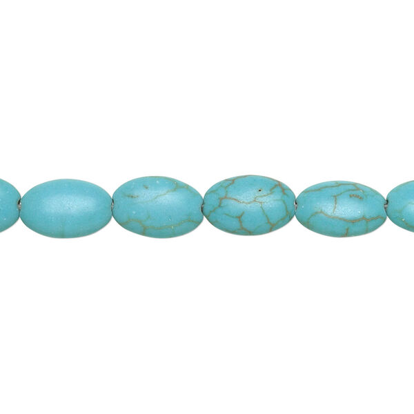 Bead, magnesite (dyed / stabilized), blue-green, 10x7mm puffed oval, C grade, Mohs hardness 3-1/2 to 4. Sold per 15-inch strand. image number 0
