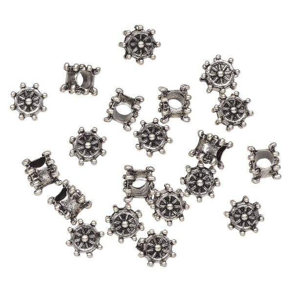 Bead, antique silver-finished "pewter" (zinc-based alloy), 10x7mm ship wheel. Sold per pkg of 20. image number 0
