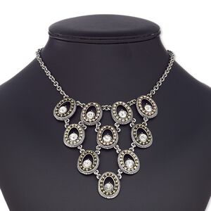 Necklace, glass rhinestone / antique silver-coated plastic / antique silver-plated brass / steel / "pewter" (zinc-based alloy) / gold- / rose gold-finished / antique brass-plated brass, clear, oval, 16 inches with 2-inch extender chain and lobster claw clasp. Sold individually.