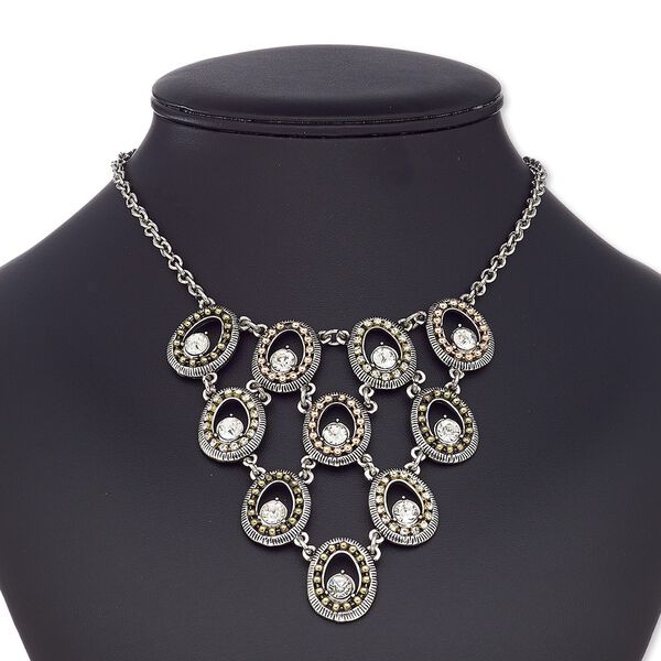 Necklace, glass rhinestone / antique silver-coated plastic / antique silver-plated brass / steel / "pewter" (zinc-based alloy) / gold- / rose gold-finished / antique brass-plated brass, clear, oval, 16 inches with 2-inch extender chain and lobster claw clasp. Sold individually. image number 0