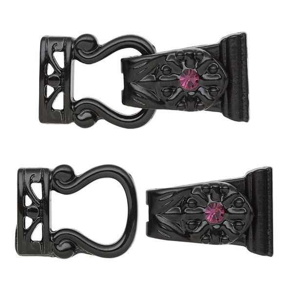 Clasp magnetic fold-over 1pkg2 "pewter" (zinc alloy), 29x13mm, black-finished / purple rhinestone 2-strand image number 0