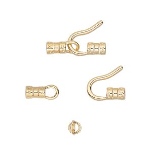 Clasp hook&eye 1pkg10 gold-plated, 18.5x9.5mm / crimp end / fits up to 2.5mm cord, brass 1-strand