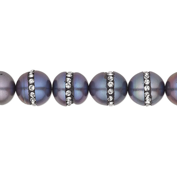Pearl, cultured freshwater (dyed) and crystals, peacock and crystal clear, 9-10mm rice, C grade, Mohs hardness 2-1/2 to 4. Sold per pkg of 2. image number 0