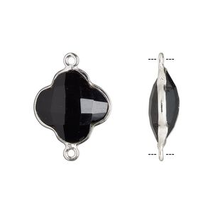 Link, black onyx (dyed) and sterling silver, black, 16-17mm hand-cut double-sided faceted clover. Sold individually.