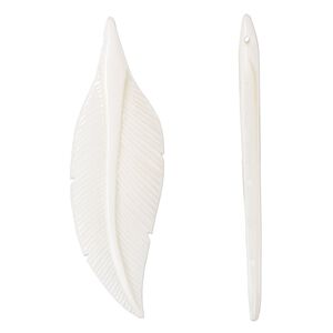 Focal, bone (bleached), white, 66x19mm hand-carved side-drilled double-sided feather, Mohs hardness 2-1/2. Sold individually.