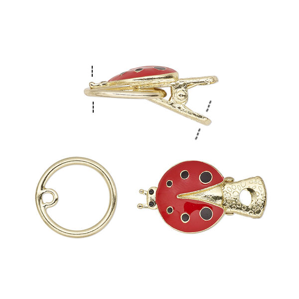 Clasp, alligator clip, enamel with gold-finished steel and "pewter" (zinc-based alloy), red and black, 21x17mm ladybug. Sold individually. image number 0