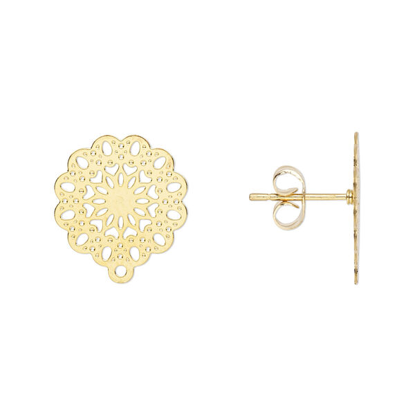 Earstud, Lazer Lace™, gold-finished stainless steel, 14.5mm filigree mandala closed loop. Sold per pkg of 4 pairs. image number 0
