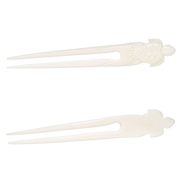 Hair stick, bone (bleached), pkg/1, 6 to 6-1/2 inches with turtle. image number 0