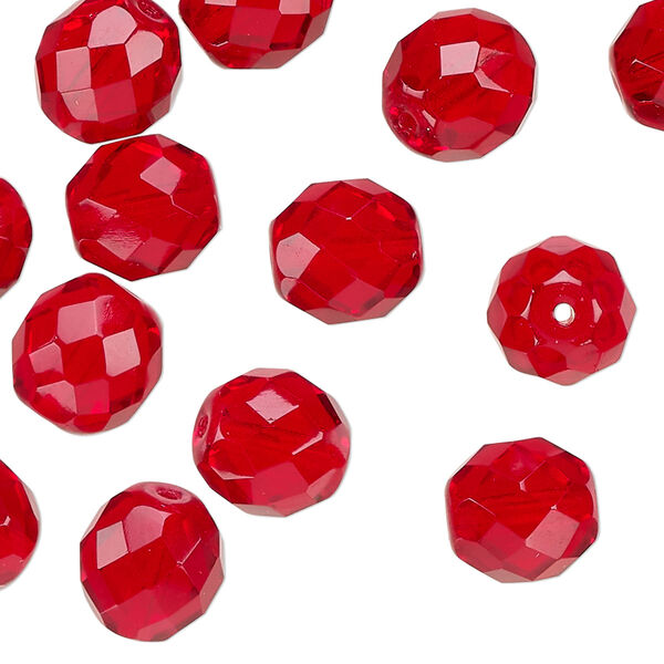 Bead, Czech fire-polished glass, translucent ruby red, 10mm faceted round. Sold per 15-1/2" to 16" strand, approximately 40 beads. image number 0