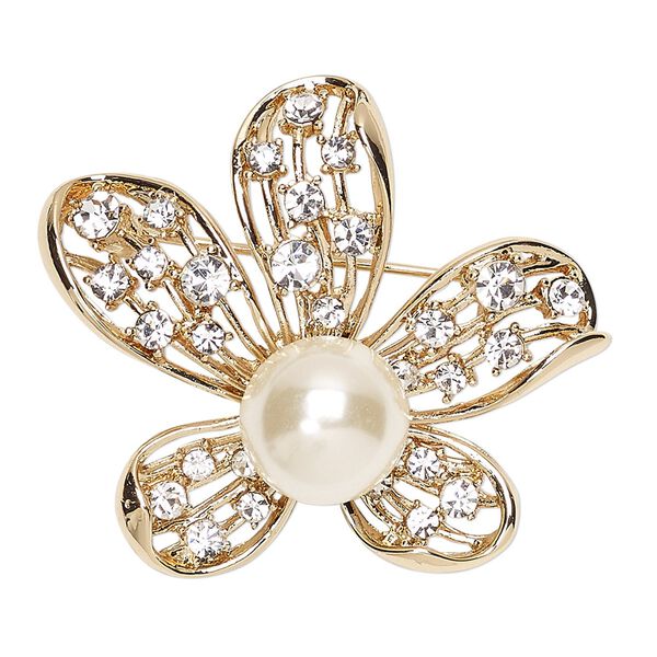 Brooch, glass rhinestone / glass pearl / gold-finished "pewter" (zinc-based alloy), white and clear, 43x37mm flower. Sold individually. image number 0