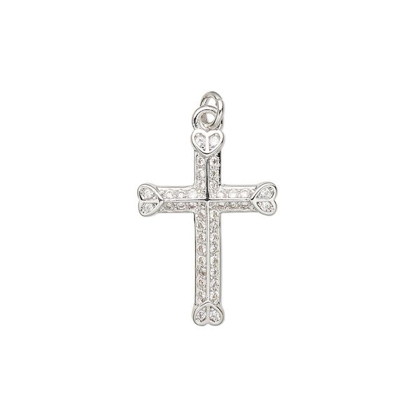 Drop, cubic zirconia and imitation rhodium-plated brass, clear, 20.5x15mm single-sided cross with heart design. Sold individually. image number 0