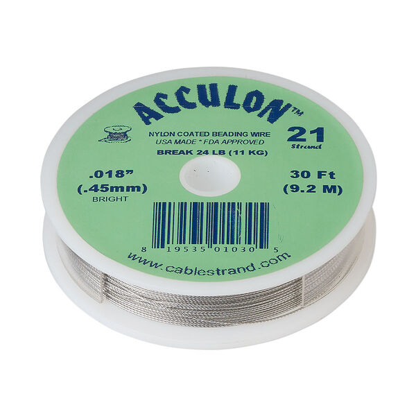 Beading wire, Acculon®, nylon-coated stainless steel, clear, 21 strand, 0.018-inch diameter. Sold per 30-foot spool. image number 0