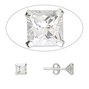 Earstud, sterling silver and cubic zirconia, clear, 5mm square with post. Sold per pair.