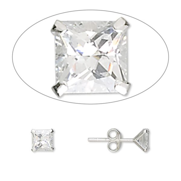Earstud, sterling silver and cubic zirconia, clear, 5mm square with post. Sold per pair. image number 0