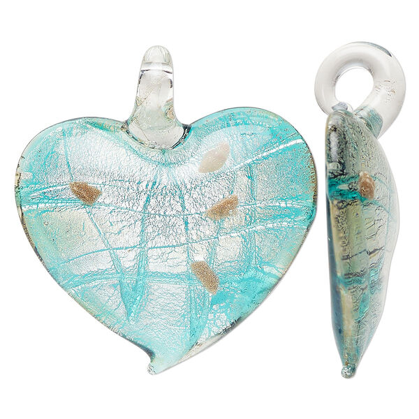 Focal, lampworked glass, clear and translucent teal, 40x35mm-43x38mm domed heart with copper-colored glitter and silver-colored foil. Sold individually. image number 0