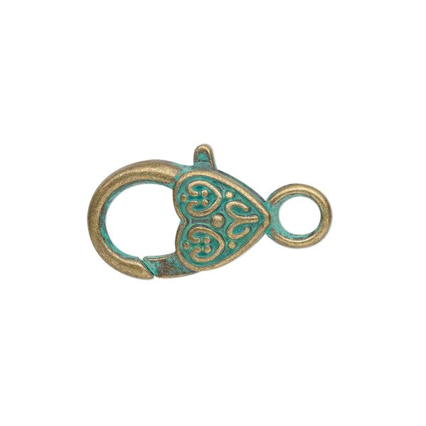 Clasp, lobster claw, antique brass-plated "pewter" (zinc-based alloy), green patina, 19.5x12.5mm double-sided heart with fancy design. Sold per pkg of 8. image number 0