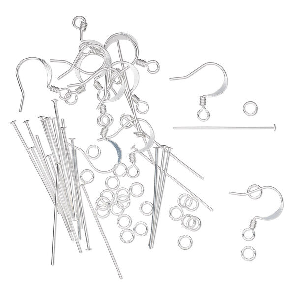 Earring finding assortment, silver-plated brass, (12) 16mm 22-gauge fishhook ear wires, (24) 1-1/8 inch 22-gauge head pins, (24) 4mm round 22-gauge jump rings. Sold per set. image number 0