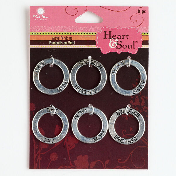 Charm, antique silver-finished "pewter" (zinc-based alloy), 22mm double-sided affirmation open round with "WIFE" / "HUSBAND" / "SISTER" / "BROTHER" / "DAD" / "MOM." Sold per pkg of 6. image number 0