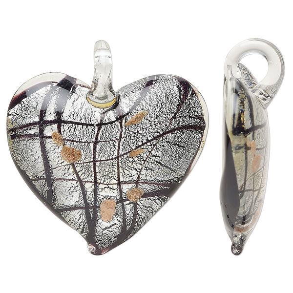 Focal, lampworked glass, opaque purple and black, 42x38mm-46x45mm domed heart with copper-colored glitter and silver-colored foil. Sold individually. image number 0