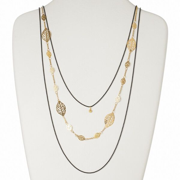 Necklace, 3-strand, Czech glass rhinestone / brass / gold-finished brass and steel, black and clear, leaves, 27 inches with 2-inch extender chain and lobster claw clasp. Sold individually. image number 0