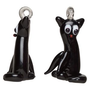 Drop, lampworked glass, opaque black / white / red, 30x17mm 3D cat. Sold individually.