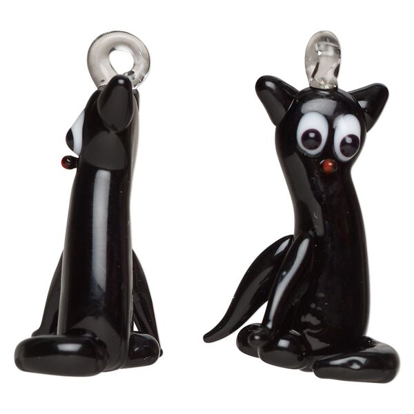 Drop, lampworked glass, opaque black / white / red, 30x17mm 3D cat. Sold individually. image number 0