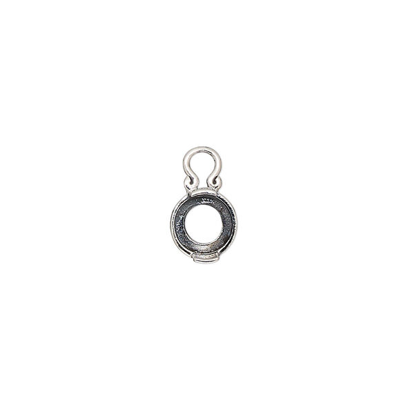 Drop, antiqued sterling silver, 7mm round with dot design and open back with 6mm 2-prong round cabochon setting. Sold individually. image number 0