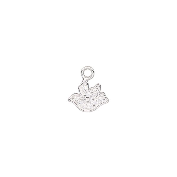 Charm, sterling silver and cubic zirconia, clear, 10x7.5mm single-sided bird. Sold individually. image number 0
