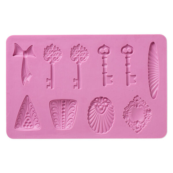 Mold, silicone, fuchsia, 6-1/4 x 4 x 1/4 inches with 30x28mm-56x10mm multi-shape. Sold individually. image number 0