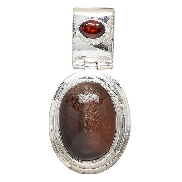 Pendant, red tigereye (heated) / garnet (heated) / sterling silver, 46x23mm oval. Sold individually. image number 0