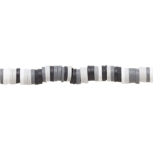 Bead, polymer clay, opaque black, grey and white, 4x1mm heishi. Sold per pkg of (2) 16-inch strands. image number 0