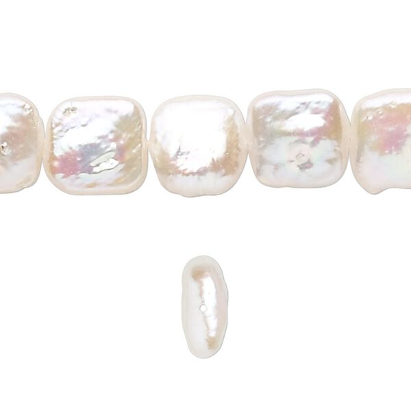 Pearl, cultured freshwater (bleached), white, 10mm flat square, C- grade, Mohs hardness 2-1/2 to 4. Sold per 8-inch strand, approximately 20 beads. image number 0