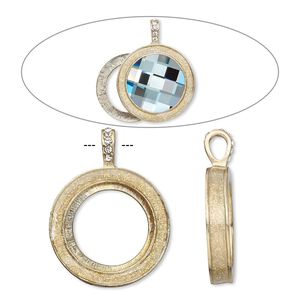 Pendant, Almost Instant Jewelry®, epoxy / crystals / gold-finished "pewter" (zinc-based alloy), crystal clear with glitter, 45x35mm single-sided with 30mm round setting. Sold individually.