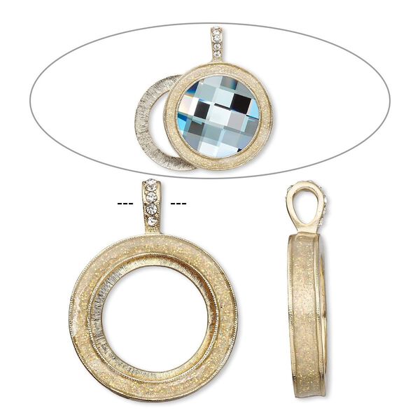 Pendant, Almost Instant Jewelry®, epoxy / crystals / gold-finished "pewter" (zinc-based alloy), crystal clear with glitter, 45x35mm single-sided with 30mm round setting. Sold individually. image number 0