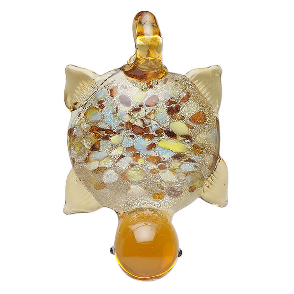 Pendant, lampworked glass, brown / yellow / clear, 58x37mm-60x39mm 3D turtle. Sold individually. image number 0
