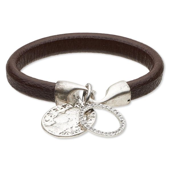 Bracelet, leather (dyed) / crystals / antique silver-finished "pewter" (zinc-based alloy), brown and clear, 10mm wide with 21mm round donut and 24mm round with coin design, 7 inches with hook-and-eye clasp. Sold individually. image number 0