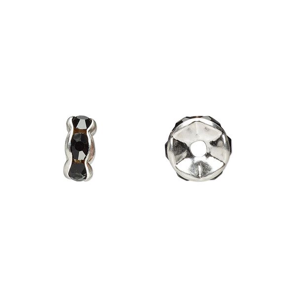 Bead, glass rhinestone and silver-plated brass, black, 8x4mm rondelle. Sold per pkg of 10. image number 0