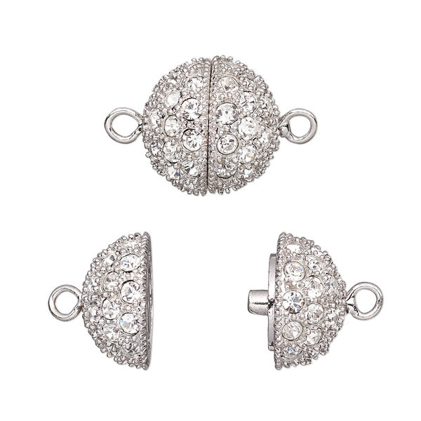 Clasp, magnetic, crystal and rhodium-plated brass, clear, 15mm textured round. Sold individually. image number 0