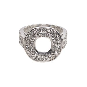 Ring, cubic zirconia and rhodium-plated sterling silver, clear, 19mm wide with open back 10mm cushion 4-prong setting, size 9. Sold individually.