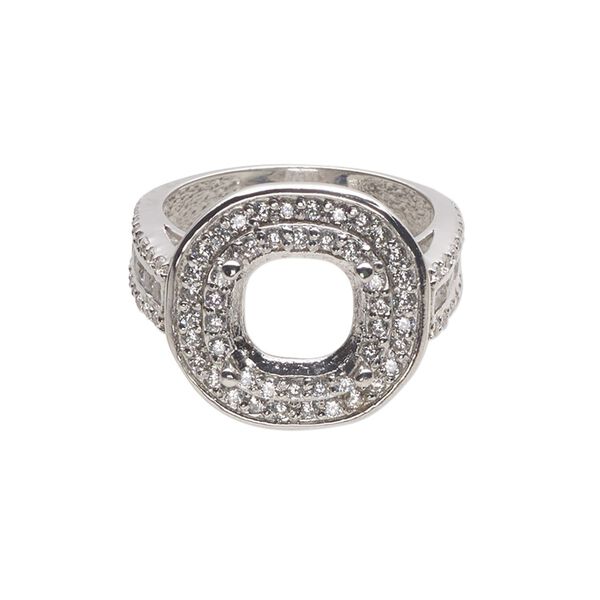 Ring, cubic zirconia and rhodium-plated sterling silver, clear, 19mm wide with open back 10mm cushion 4-prong setting, size 9. Sold individually. image number 0