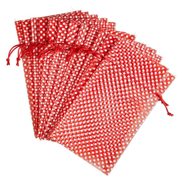 Pouch, organza, red and white, 10x6 inches with dots pattern and drawstring closure. Sold per pkg of 12. image number 0