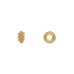 Bead, gold-finished copper, 7x4mm corrugated rondelle. Sold per pkg of 20.