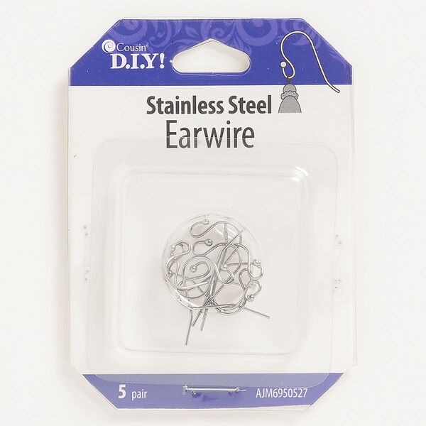 Ear wire, stainless steel, 12.5mm fishhook with open loop, 20 gauge. Sold per pkg of 5 pairs. image number 0