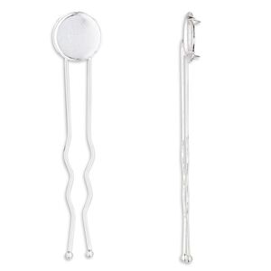 Hairpin, silver-plated brass, 3 inches with 14mm round flat pad. Sold per pkg of 10.