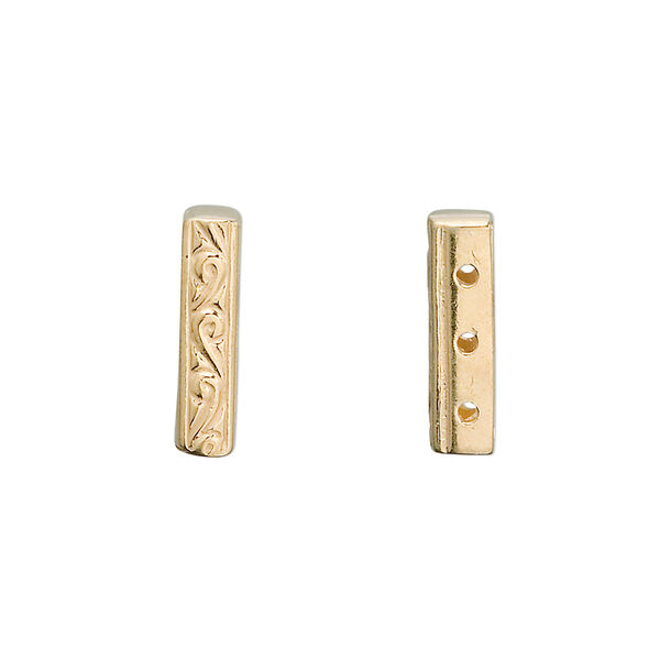 Spacer bar, 3-strand, antiqued "vermeil," 16x3.5mm filigree rectangle, fits up to 5mm bead. Sold individually. image number 0