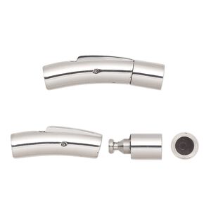 Clasp bullet 1pkg1, 28x6mm curved round tube / push release / fits 4mm cord, stainless steel 1-strand