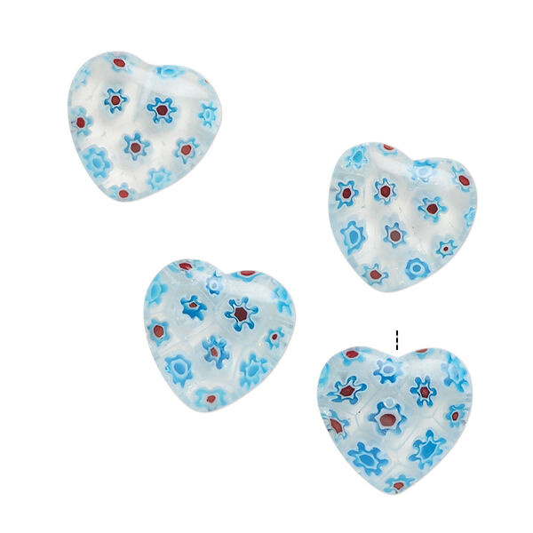Bead, millefiori glass, clear / translucent sky blue / multicolored, 18-20mm half-drilled puffed heart. Sold per pkg of 4. image number 0