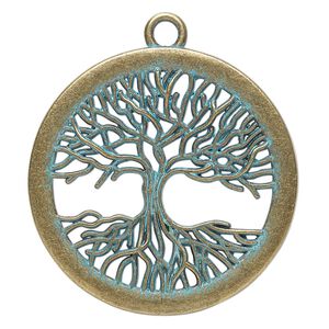Focal, antique brass-finished "pewter" (zinc-based alloy), green patina, 42mm single-sided round with cutout tree. Sold per pkg of 2.