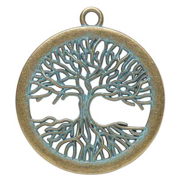 Focal, antique brass-finished "pewter" (zinc-based alloy), green patina, 42mm single-sided round with cutout tree. Sold per pkg of 2. image number 0