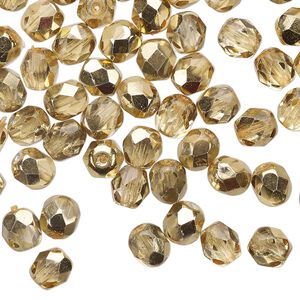 Bead 1pkg1 Czech fire-polished glass, 6mm faceted round, 1 mass opaque half-coated metallic pale gold